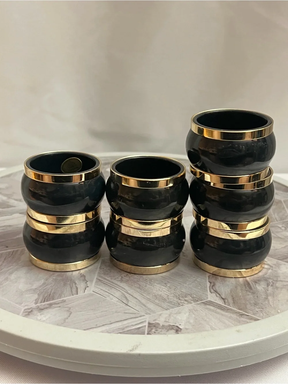 Vintage Black & Gold Napkin Rings Set of 7 Made in Hong Kong
